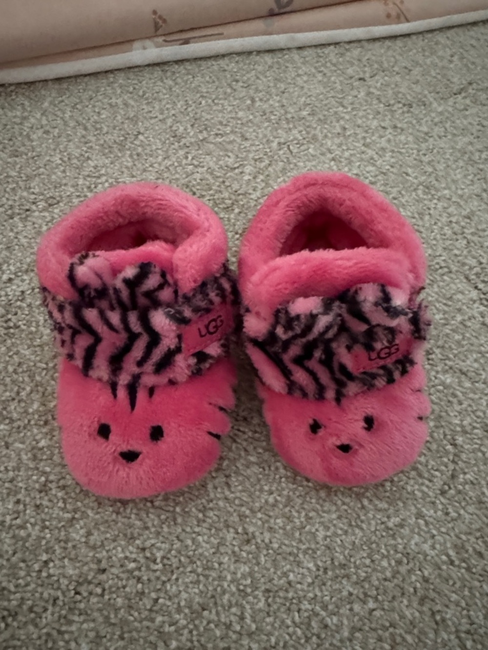 UGG Pink Fuzzy Kids Slippers with Zebra Cuff